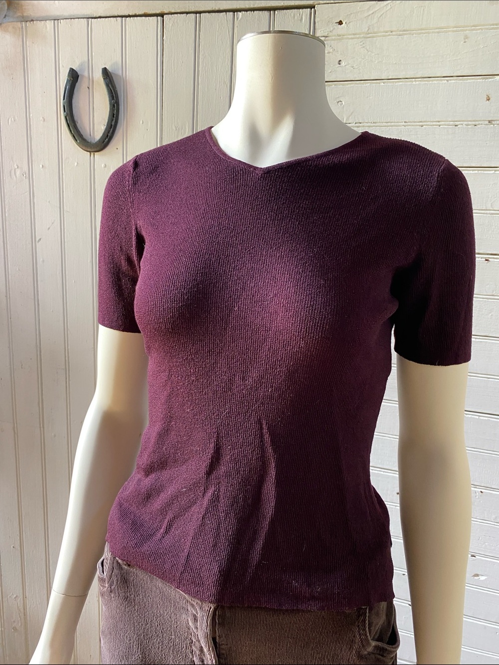 Worthington Short-Sleeve Crewneck Top in Deep Plum
